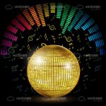 Gold Disco Ball with Colourful Equalizer Lines and Musical Notes